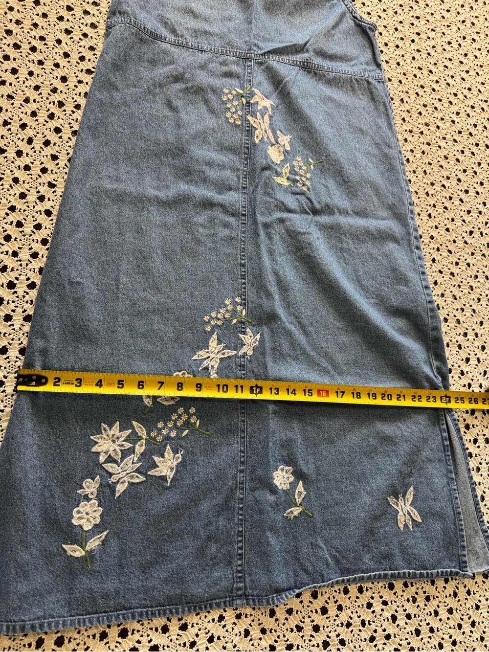 Agapo Denim Overall Midi Maxi Dress Sz M VTG 90s Y2K Embroidered Cottagecore - Picture 5 of 16